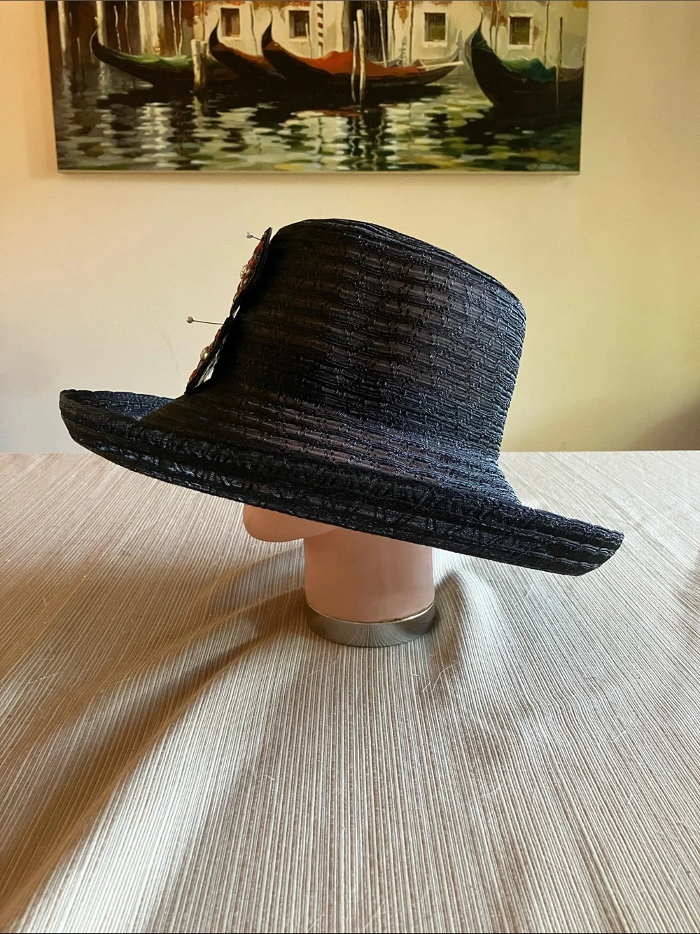 Chic Black Wide-Brim Hat with Red Jewel Accents